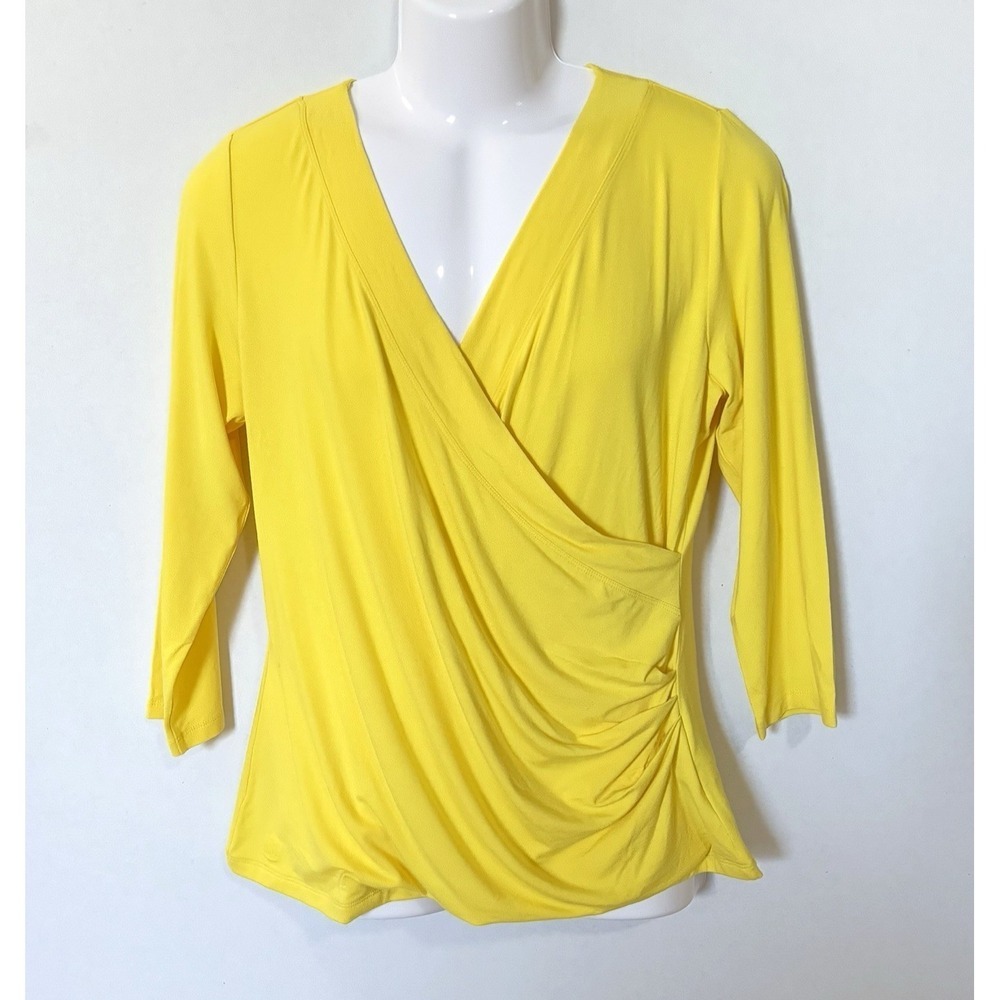 Lauren Ralph Lauren Surplice Jersey Top Womens XL Yellow V Neck 3/4 Sleeve